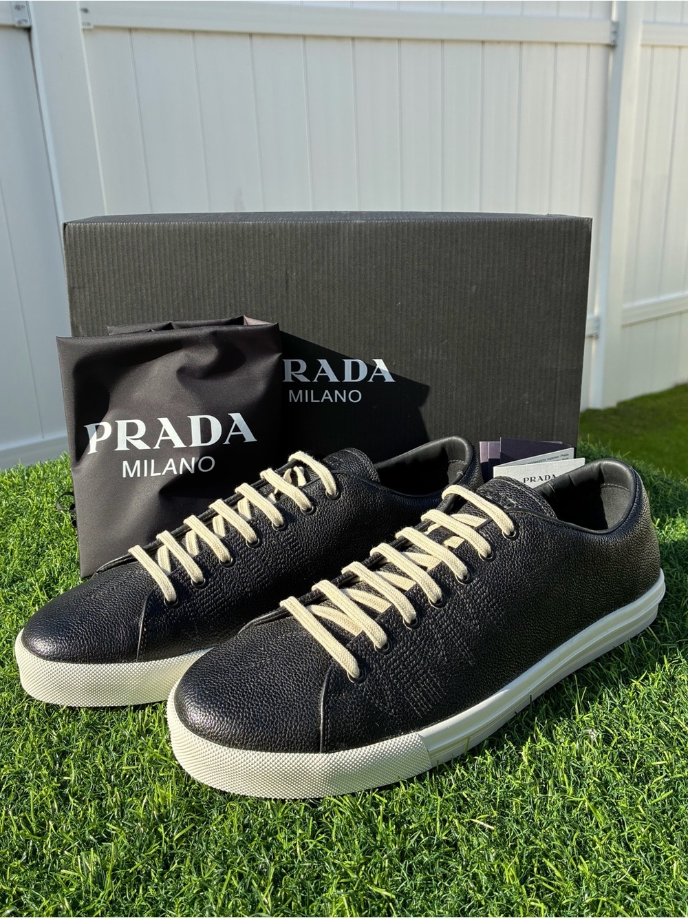 PRADA AGED-EFFECT BLACK PEBBLED LEATHER LOW-TOP SNEAKERS LOGO SZ US 11 UK 10 NEW - Picture 4 of 16